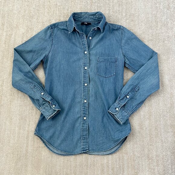 Uniqlo Blue Cotton Chambray Button Up Blouse Shirt Top S - Picture 1 of 11